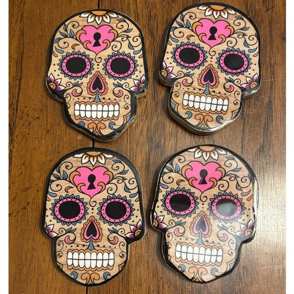 Set of 2 Wood Sugar Skull Coasters Day of the Dead Dia de los Muertos Multicolor
