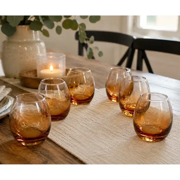 Vintage Amber Ombre Roly Poly Rocks Glasses Lowball Old Fashioned Tumblers 6 Set