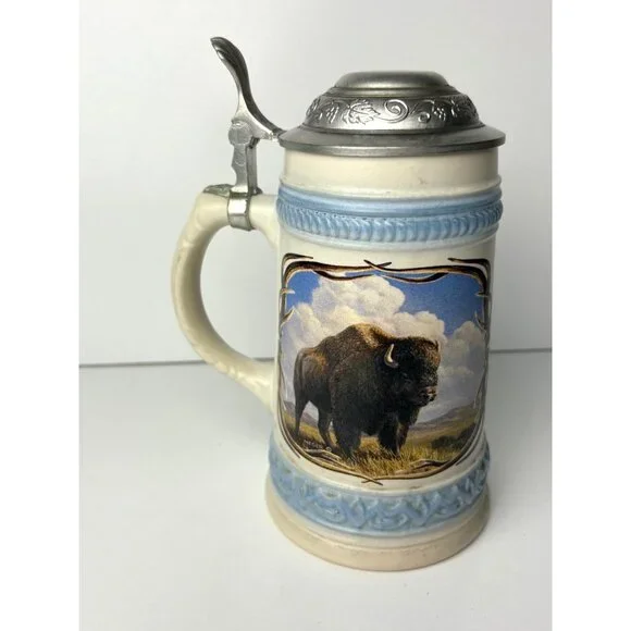 VTG Gerz German Beer Stein Pewter‎ Lid Buffalo 95% Zinn Ceramic 8”