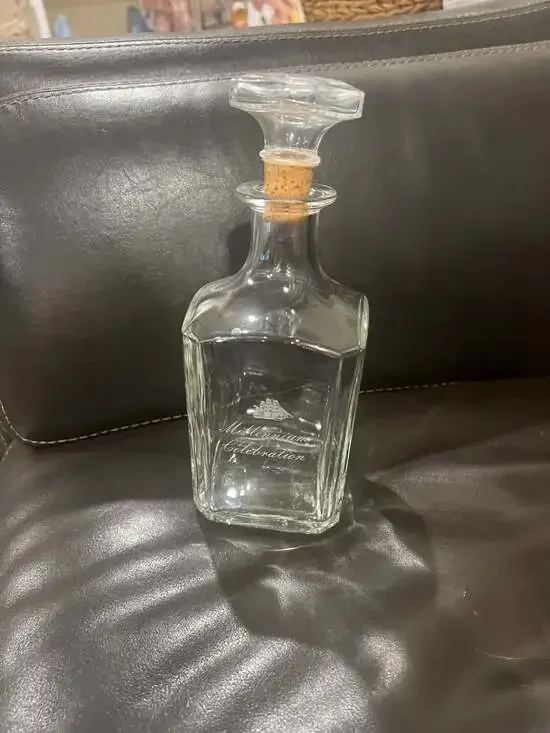 Millennium Celebration Square Glass Whiskey Decanter with Etched Sailing Ship an