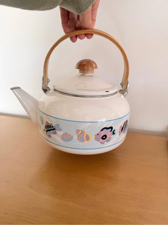 White Ceramic Fish Pattern Teapot with Wood Handle