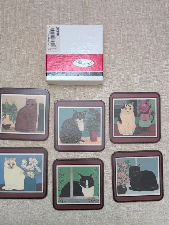 Vintage Pimpernel Cat Coasters Set of 6 Cat and Floral Designs Made in England