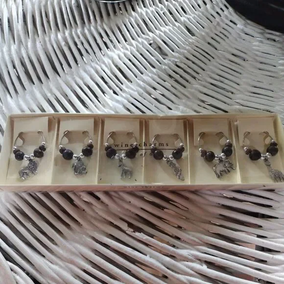 Wine Charms 6 Silver Tone African Animals Pier 1 Imports Barware Party Night