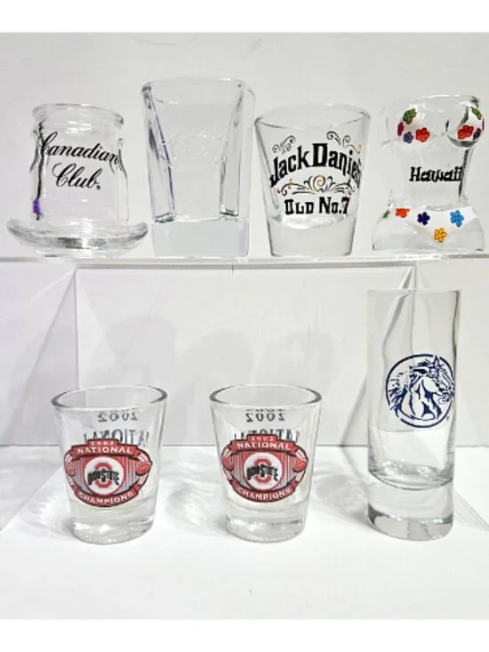7 Shot Glasses Jack Daniels, Canadian Club, Hawaii, Ohio State
