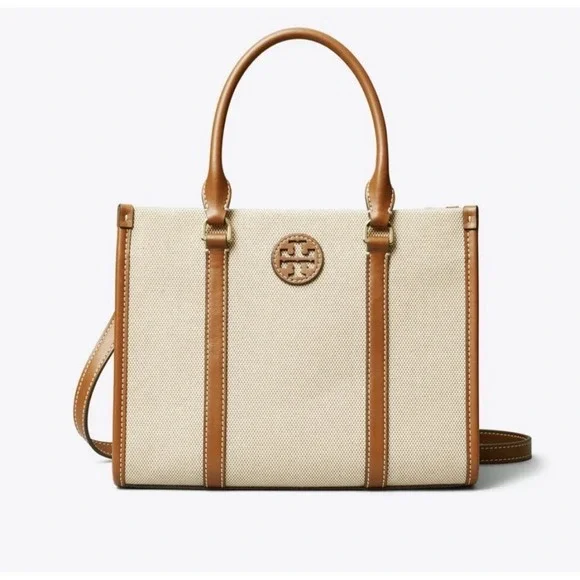 Tory Burch Blake Canvas Classic  Cuoio Small Tote Natural & Tan Style 145356 New
