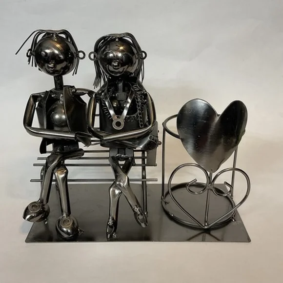 VTG Metal Statue Love Couple On‎ The Bench Wine Bottle/Candle Holder 8