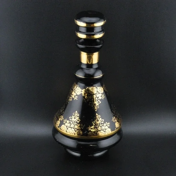 Vintage Italian Amethyst Glass Decanter Set‎ 7pc Black Gold Floral Excellent