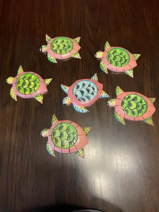 Set of 6 Hand-Painted Wooden Sea Turtle Decorative Drink Coasters