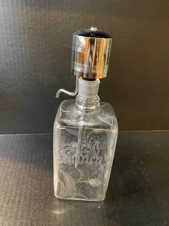 Midcentury Etched Glass Scotch Bottle with Say-When Dispenser