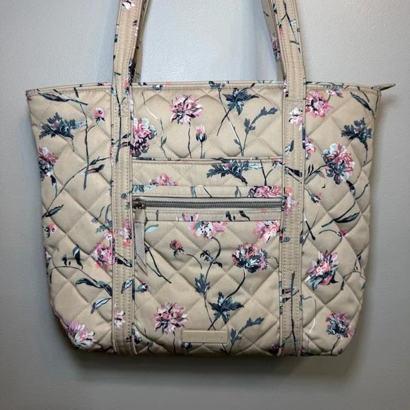 Vera Bradley Strawflowers Quilted Tote Bag Tan Pink Floral Shoulder Bag Zip Top