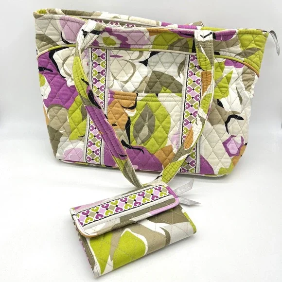 Vera Bradley Portobello Road Quilted Floral Tote Bag and Wallet Set Purple Green