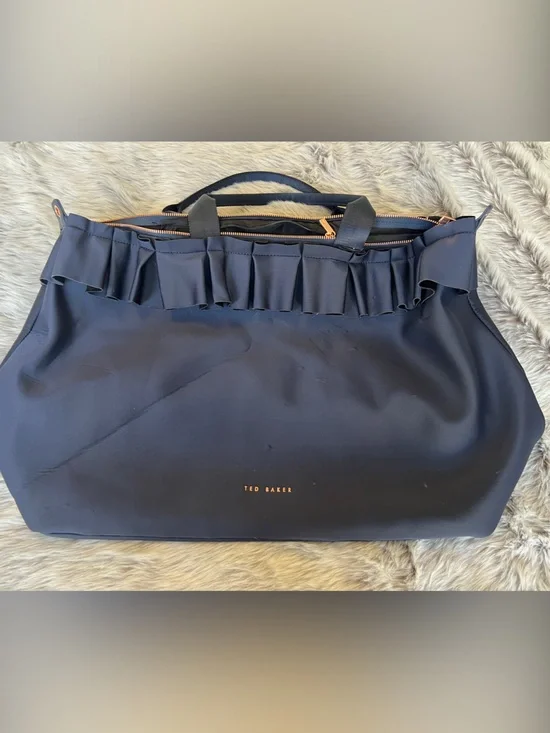 Ted Baker Navy Ruffle-Trim Tote with Gold Hardware