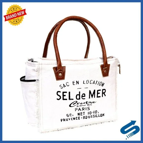 Canvas Tote Bag with Leather Handles Casual Everyday Purse Boho Chic Vintage