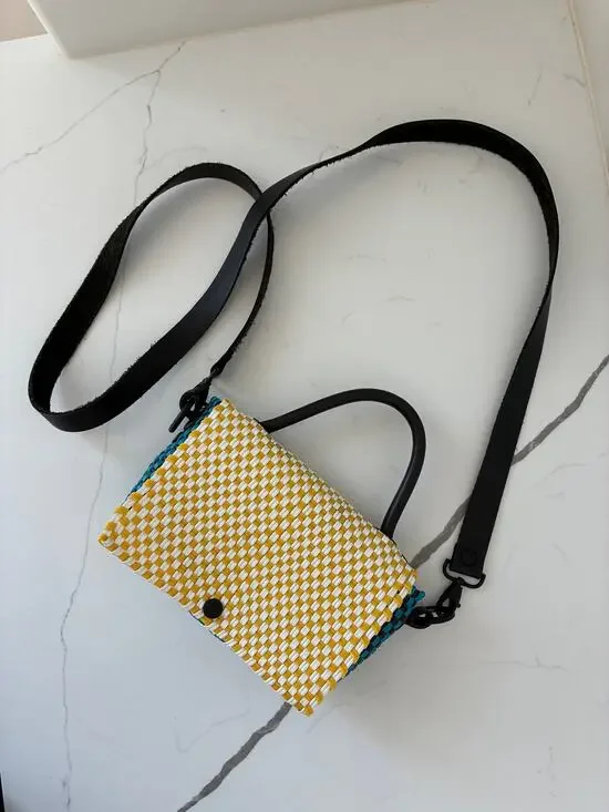 Truss Mini Top Handle Cross Body Plastic Woven Checkered Yellow Blue White Black