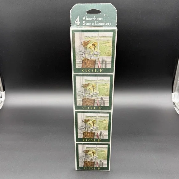 Set of 4 Vintage AbsorbaStone The Absorbent Coaster Golf Bag Scene Made in‎ USA