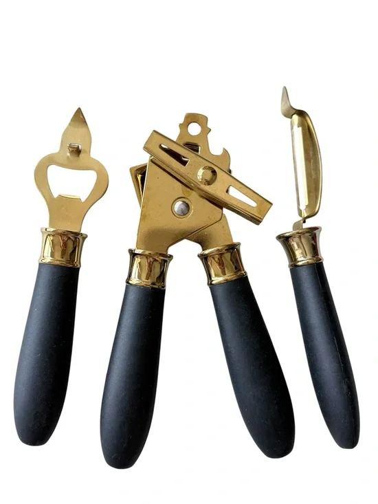 Gold & Black 3-Piece Bar Tool Set - Can Opener, Bottle Opener, Peeler (E36)