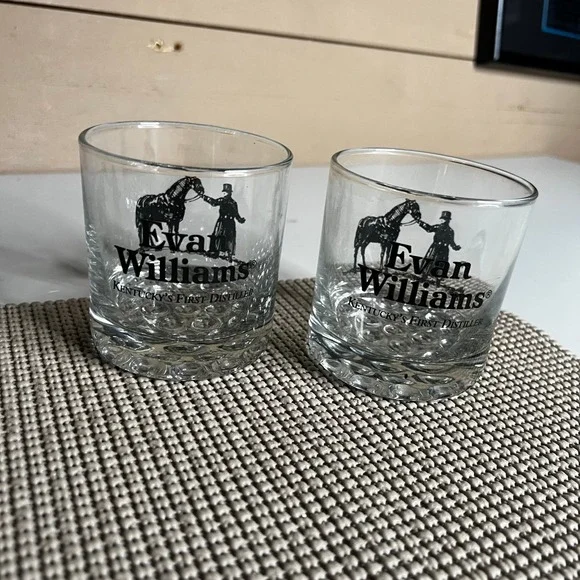 Evan Williams Bourbon Whiskey Glasses Set of 2 Bubble Base Rocks Lowball Barware