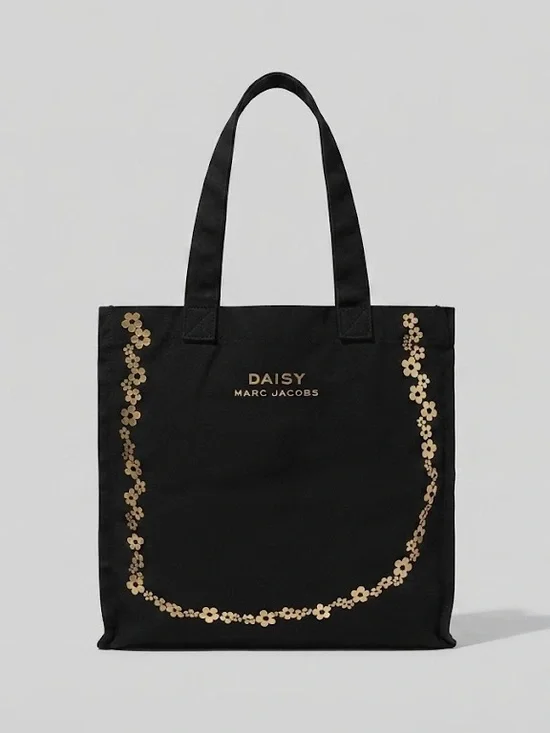 Daisy Marc Jacobs Black Canvas Tote Metallic Gold Logo & Floral Print