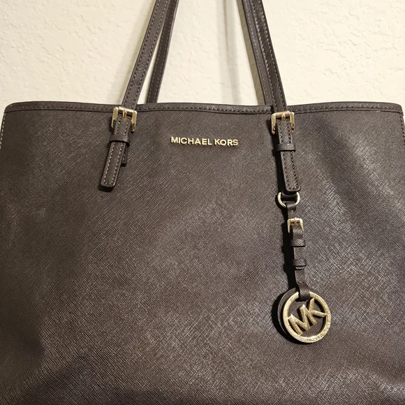 Michael Kors Dark Brown Saffiano Leather Tote with Gold Logo Charm