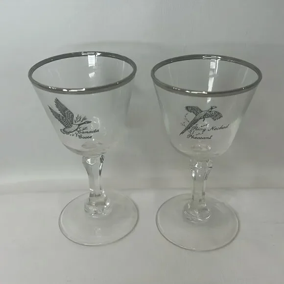 Tiffin Pheasant Grouse Crystal Stem Cocktail Goblet 3 Oz Silver Trim Rim Set 2