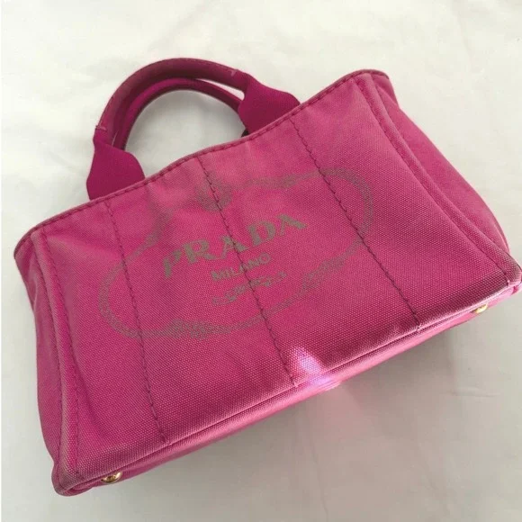 Y2K Iconic Prada Canapa Mini Pink Tote Bag Small Canvas Logo Adjustable Strap