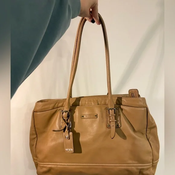 TUMI leather handle shoulder bag camel tan