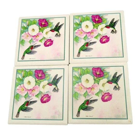 Vintage AbsorbaStone Hummingbird Coasters Set of 4 Wilma S Vincent Cork Back USA
