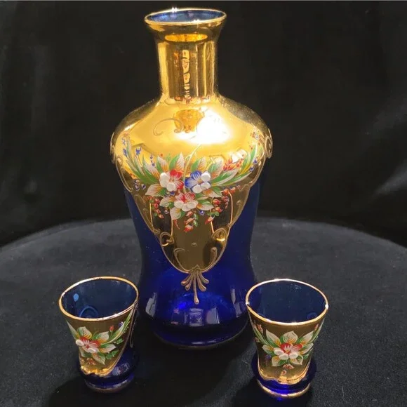 Vintage Italian Cobalt Blue Gold Decanter Set 2 Cordial Glasses Hand Painted