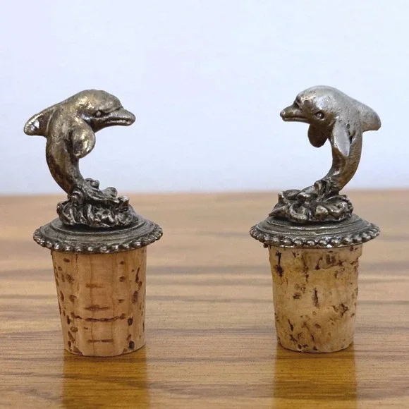 Vintage Dolphin Wine Bottle Stoppers Set of 2 Pewter Tone Coastal Barware Decor‎