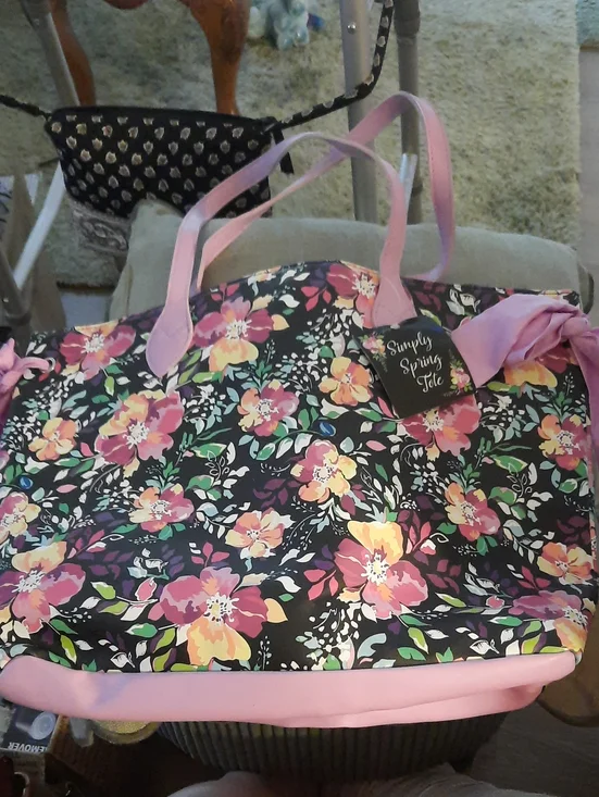 Pink Floral Tote Bag with Light Pink Handles~18x13x4