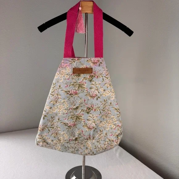 Laura Ashley Floral Canvas Tote Bag Blue Pink Cottagecore Shoulder Bag