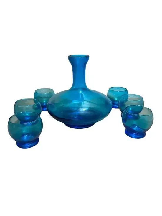 Vintage MCM Italian Blue art Glass Decanter and 6 Glasses Mid Century Modern