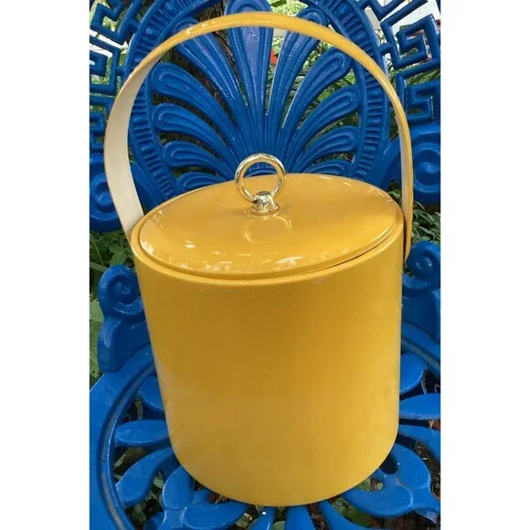 Yellow Patent Leather Vinyl Ice Bucket 1970s Mid Century Barware Retro Round