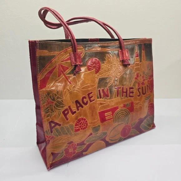 A Place In The Sun Genuine‎ Leather Embossed Tote Bag Red Brown Made in India