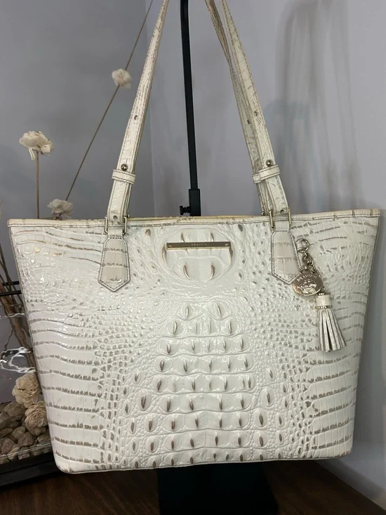 Brahmin Medium Asher White Melbourne Croc Embossed Leather Tote with Tassel