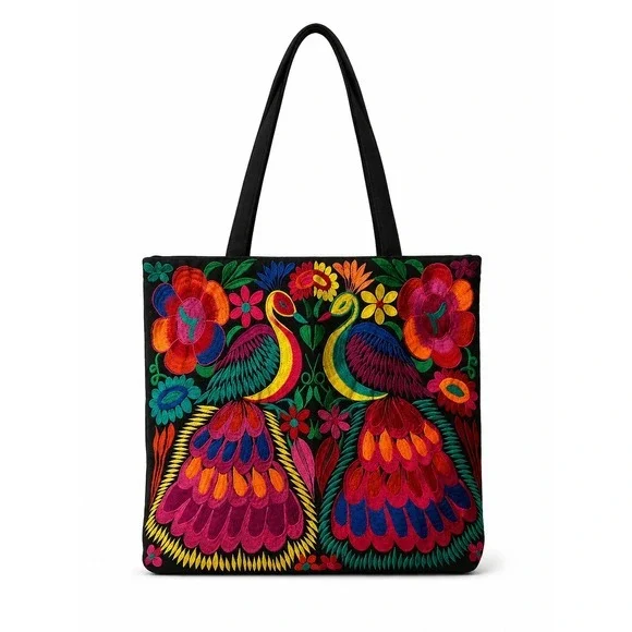 Embroidered Peacock Tote‎ Bag Multicolor Artsy Festival Corduroy Canvas NEW