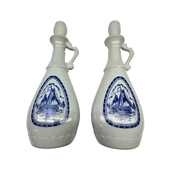 Vintage Milk Glass Decanter Set OS White Blue Sailboat Nautical Federal Bottles