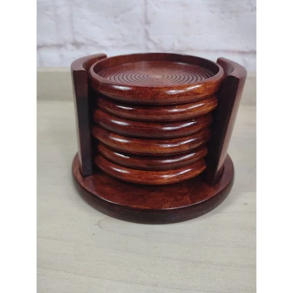 VTG MCM 6 Piece Set Rosewood Coasters W/ Matching Holder Glossy Home Decor