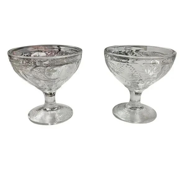 Vintage‎ French France Glass Dessert Coupe Champagne Clear Floral Embossed Set 2