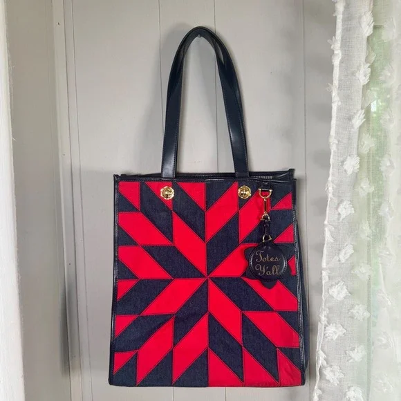 Draper James Quilted Denim Vanderbilt Tote Red Blue Star Patchwork Gold Hardware