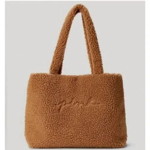PINK Victoria's Secret Women's Mocha Brown Sherpa Cozy Plush Weekender Tote Bag‎