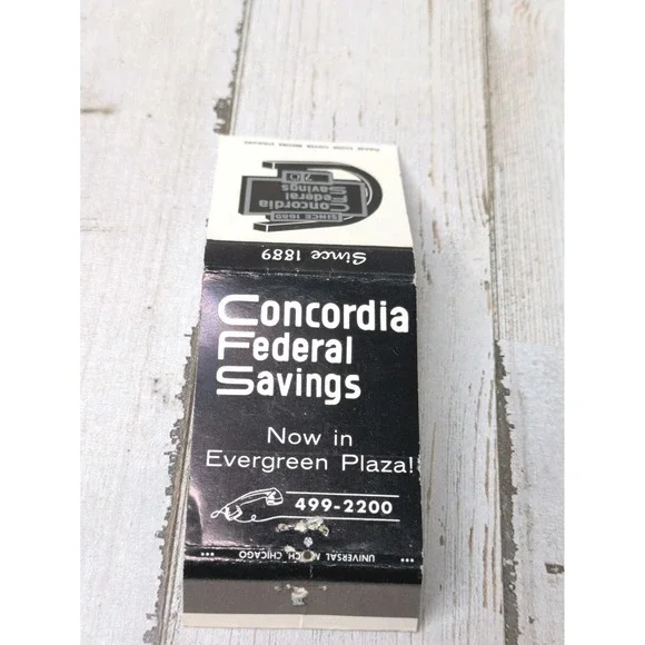 Vintage Matchbook Cover Concordia Federal‎ Savings Evergreen Plaza Chicago