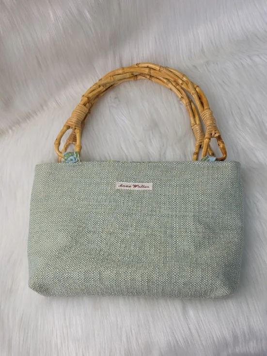 ANNE WALTER Blue Yellow Tweed Snap‎ Closure Double Bamboo Handle Boho Tote Bag