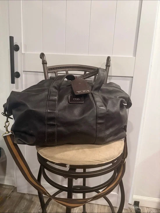 Tumi Dark Brown Leather Duffel with Striped Shoulder Strap