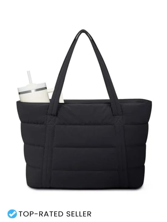 Lightweight Nylon Puffer Tote Bag, Quilted Shoulder Work Tote for Travel Gym
