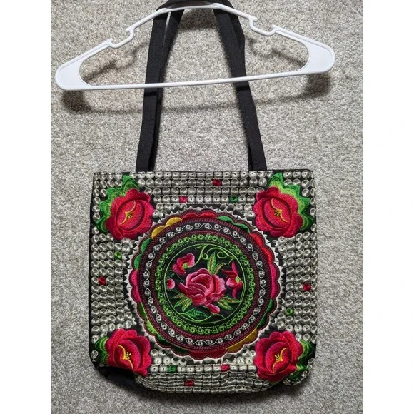 VTG Boho Embroidered Tote Bag with Rose Flower‎ and Leaves Design
