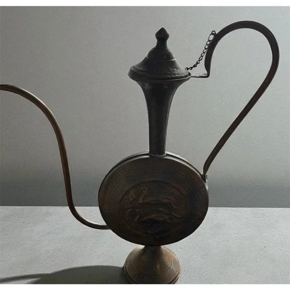Vintage Copper Metal Water Pitcher‎ Ewer Embossed Figural Scene Spout Handle