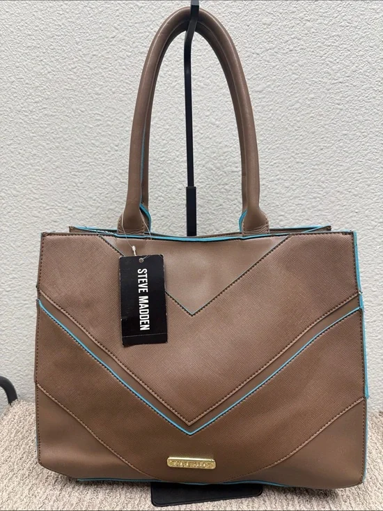 Vintage Steve Madden B Garrett Safiano Brown  Chevron Tote with Teal Trim