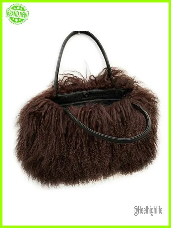 Real Lamb Fur Tote Bag with Genuine Leather Handles and Button Closure