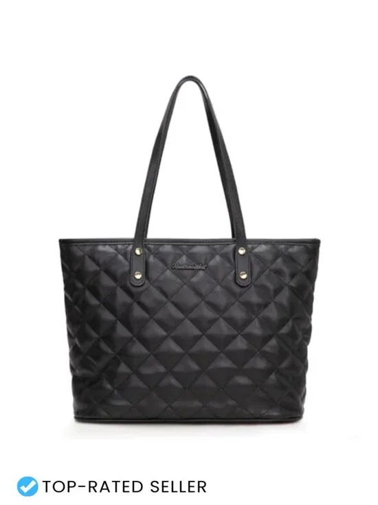 Quilted Vegan Leather Tote Bag with Top Zipper Shoulder Handbag